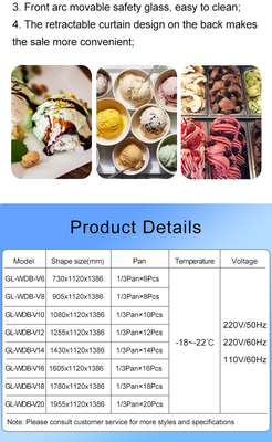 2200W 6PAN PCS Industrial Refrigeration Ice Cream Showcase para -18~-22C Temperatura