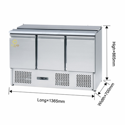 Chiller de mesa de trabalho comercial de aço inoxidável de 3 portas com regulação de temperatura