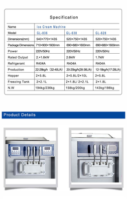 Máquina de sorvete macio com 2x2.1L FREEZINGTANK 360-460 xícaras/hora de saída R404A refrigerante