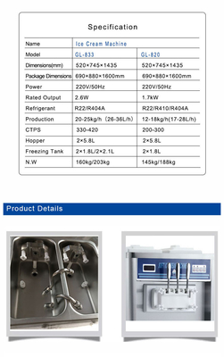 Capacidade Máquina de sorvete macio com 20-25kg/h Produção 28-36L/h Produção 330-420 xícaras/h