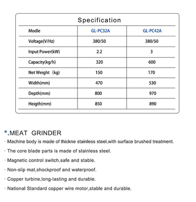 Máquina de moer carne de hotel comercial de 2200W de capacidade com cadeia de turbina de cobre estável